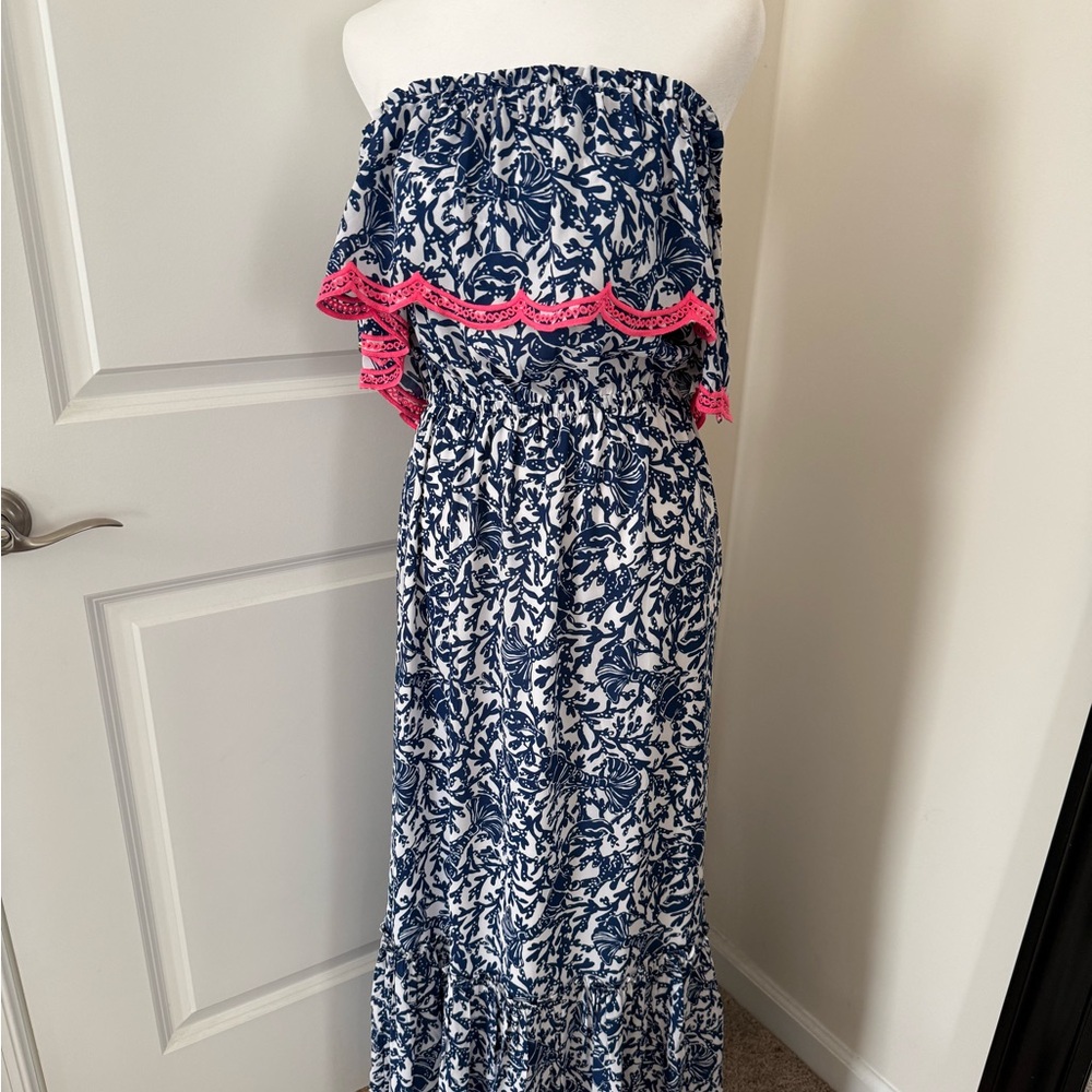 Lilly Pulitzer Navy & White Maxi Dress with Pink Trim